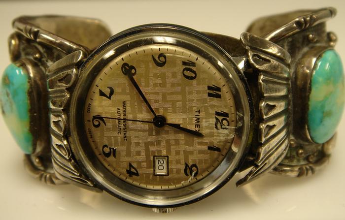 Appraisal: Silver Watch Band Watch Man's Timex watch set in a