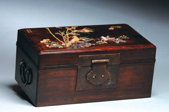 Appraisal: HARDWOOD APPLIQU CHEST Chinese hardwood probably huali chest of rectangular