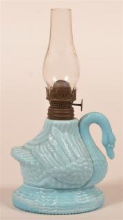 Appraisal: Blue Milk Glass Swan Miniature Fluid Lamp Blue Milk Glass