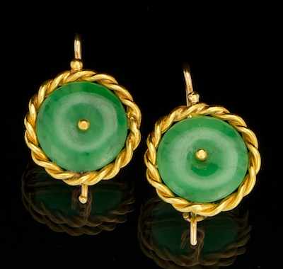 Appraisal: A Pair of Jade Disk Earrings k yellow gold earring