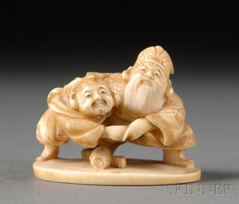 Appraisal: Ivory Netsuke Japan th century scene of Jurojin and Daikoku