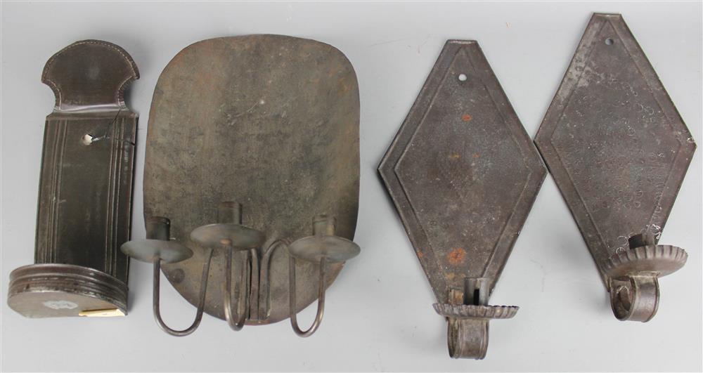 Appraisal: PAIR OF AMERICAN TIN SCONCES of lozenge shape with punched