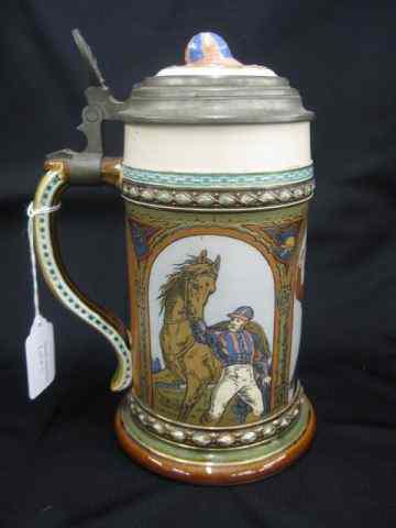 Appraisal: Mettlach Pottery Jockey Beer Stein liter '' tall etched body