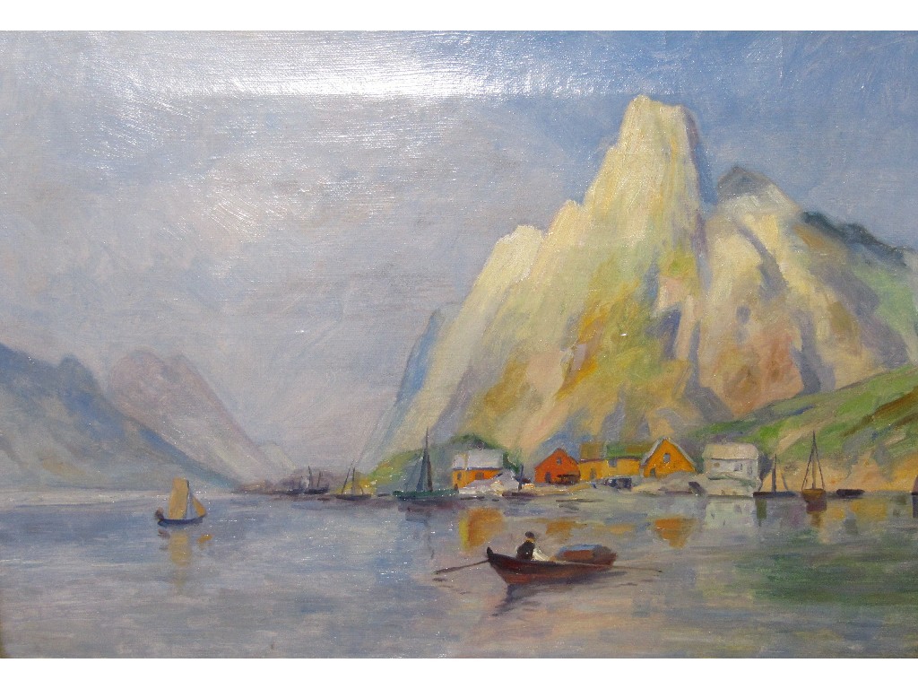 Appraisal: Oil on canvas Norwegian Fjord scene signed recto and signed