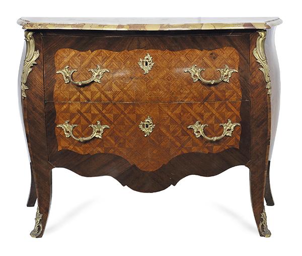 Appraisal: A LOUIS XV STYLE MARBLE TOP KINGWOOD AND PARQUETRY COMMODE