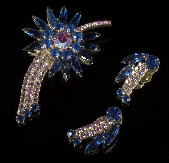 Appraisal: Glass and Aurora Borealis Crystal Brooch and Earring Suite ca