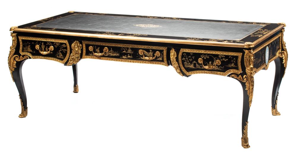 Appraisal: Louis XV-Style Bronze-Mounted Chinoiserie Lacquer Bureau Plat tooled leather top