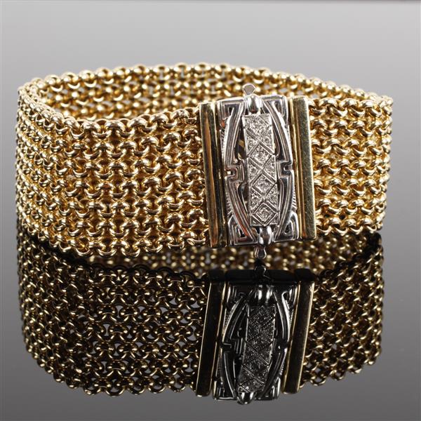 Appraisal: Art Deco Yellow White Gold k Diamond Wide Mesh Cuff