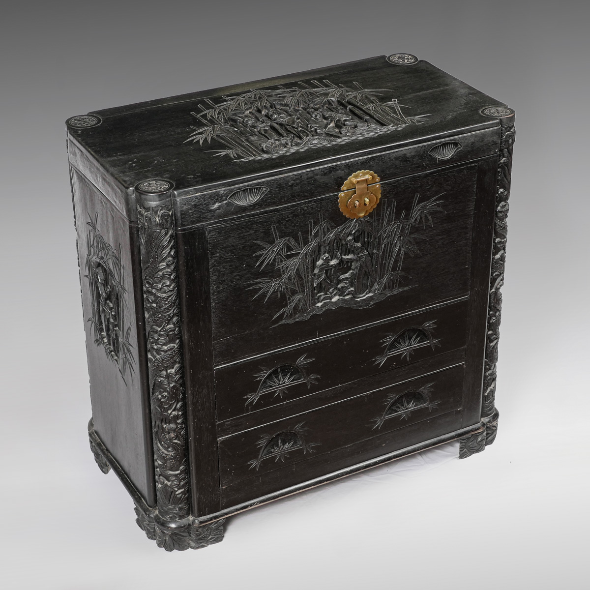 Appraisal: CARVED CHINESE CHEST Handmade Chinese black lacquered chest of seasoned