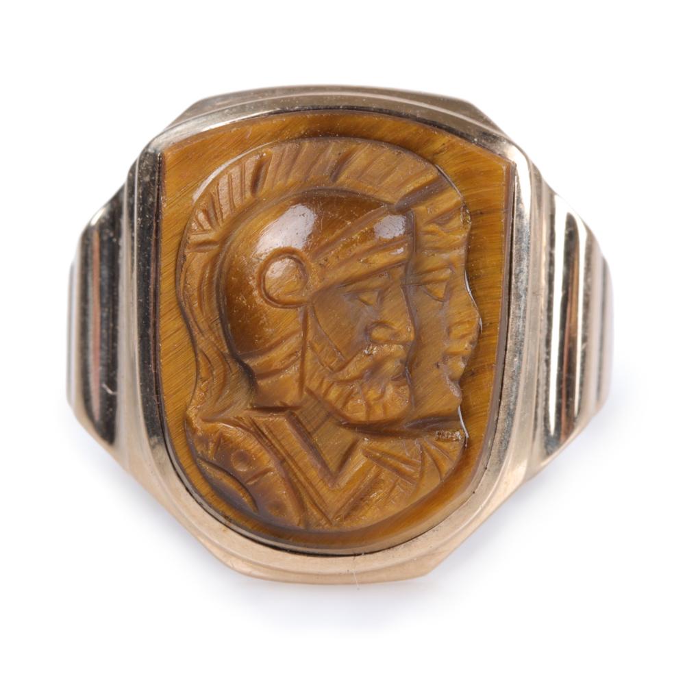 Appraisal: Antique Art Deco K yellow gold carved tigers eye intaglio