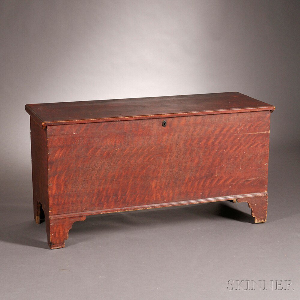 Appraisal: Red Umber Paint-decorated Six-board Chest possibly New England early th