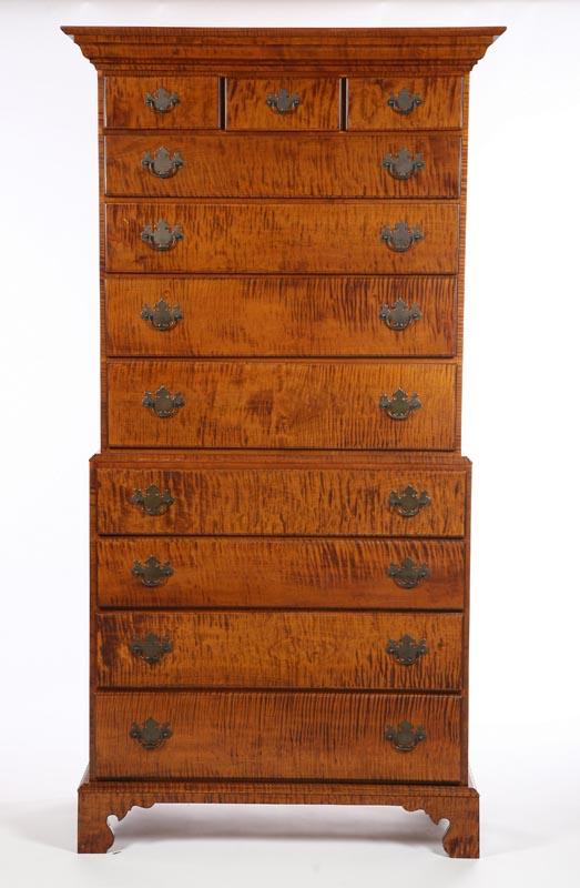 Appraisal: CHIPPENDALE-STYLE CHEST ON CHEST American th century curly maple pine