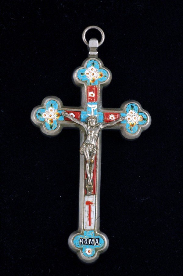 Appraisal: Mosaic crucifix White metal with intricate inlay of glass mosaic