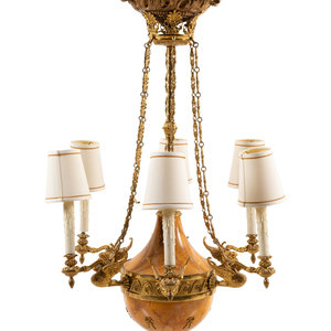 Appraisal: An Empire Style Gilt Metal and Simulated Marble Six-Light Chandelier