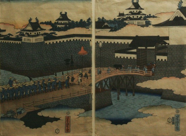 Appraisal: Utagawa Yoshitora active - Procession over a Castle Bridge wood