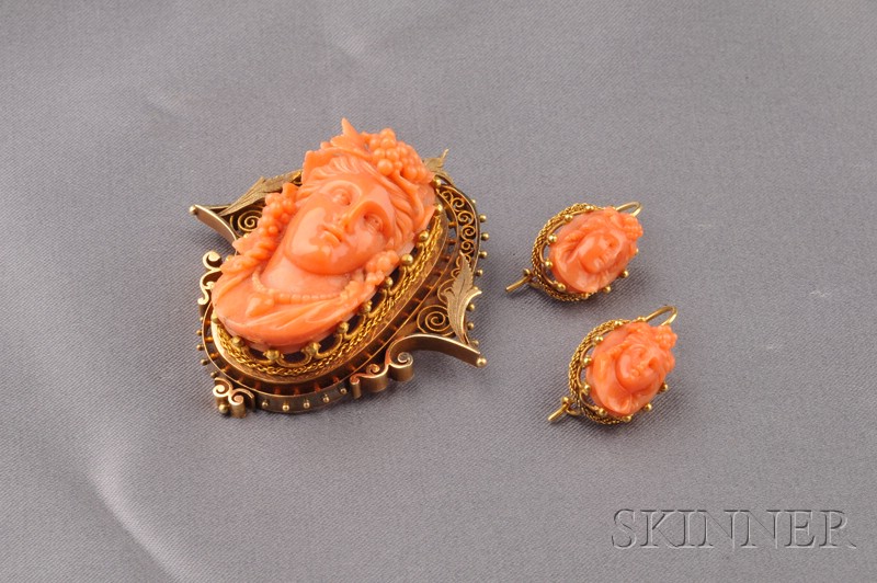 Appraisal: Antique kt Gold and Coral Cameo Suite the pendant brooch