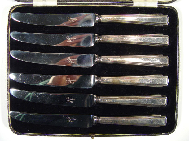 Appraisal: Cased set of six silver handled Art Deco style knives