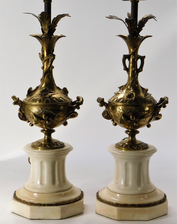 Appraisal: PR FRENCH NEOCLASSICAL BRONZE MARBLE URN LAMPS French Early th