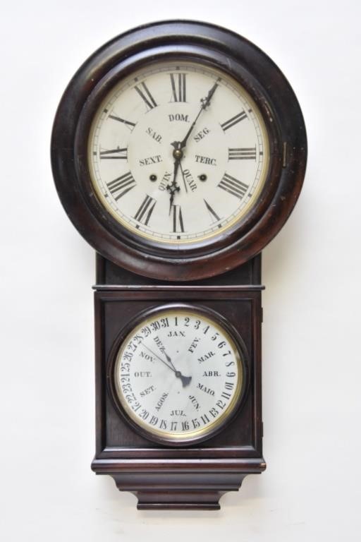 Appraisal: Welsh perpetual -day double dial calendar clock with original labels