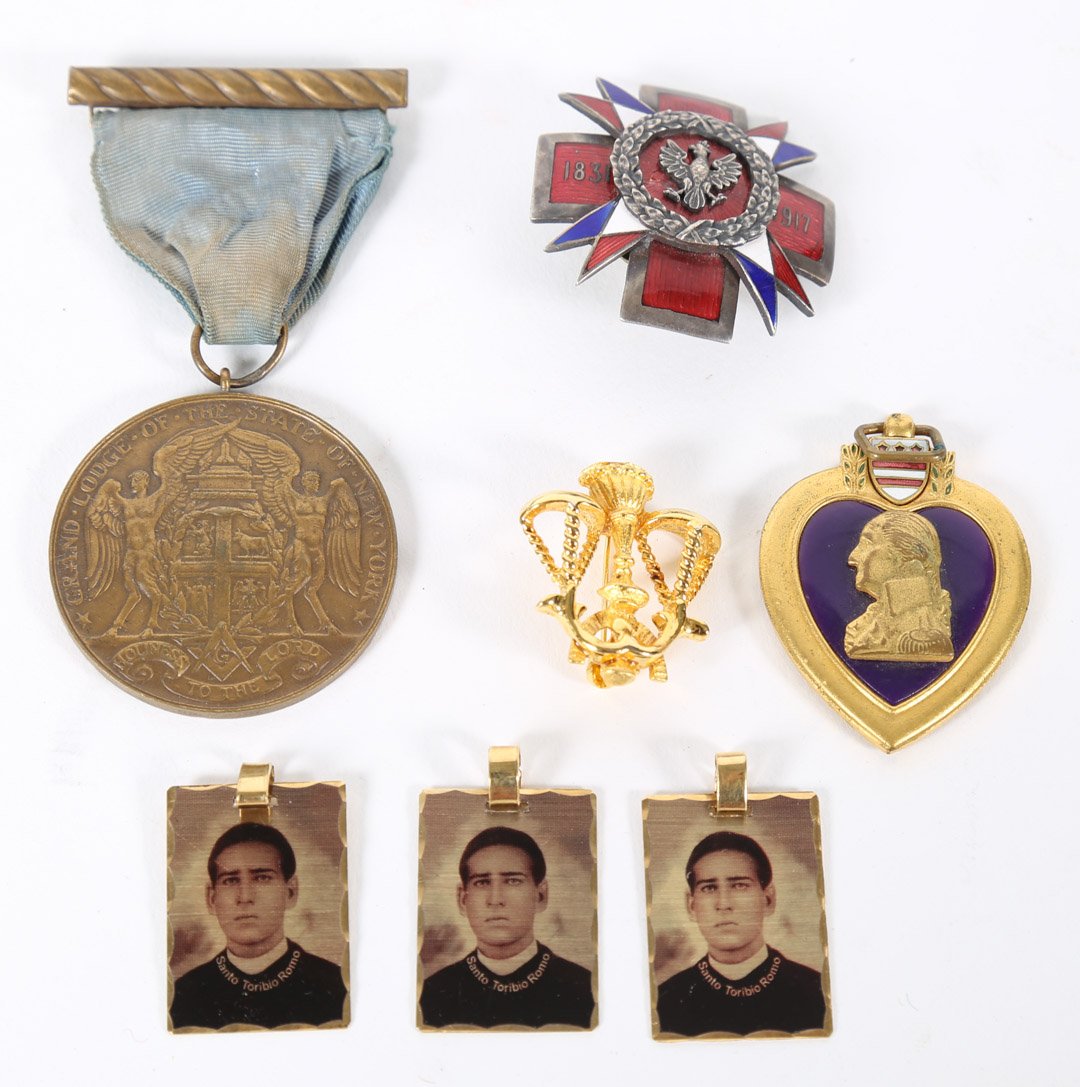 Appraisal: Two bags of medals and badges including purple heart and