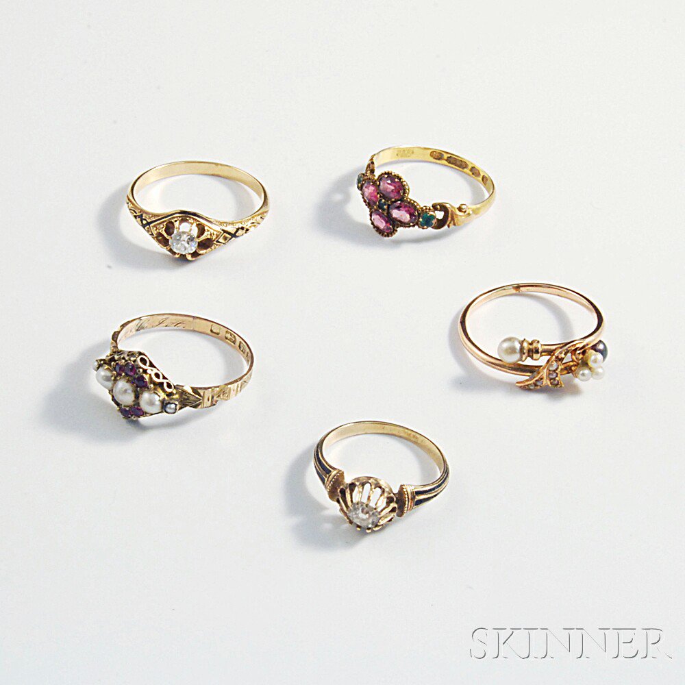 Appraisal: Five Gold Mostly Gem-set Antique Rings one kt and diamond