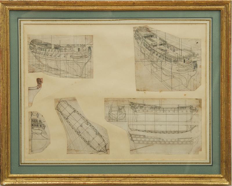 Appraisal: TH CENTURY SCHOOL SHIP DESIGNS Collage on paper unsigned x