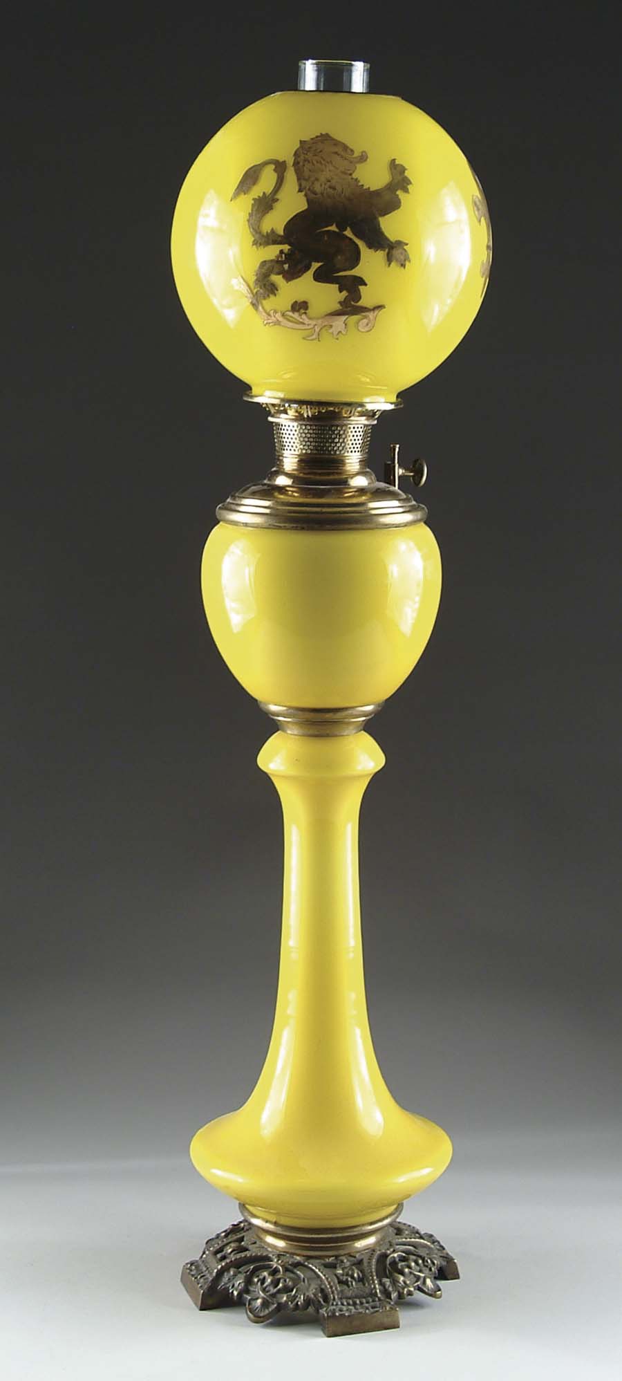 Appraisal: PARKER TALL GLASS KEROSENE BANQUET LAMP Made of bright yellow