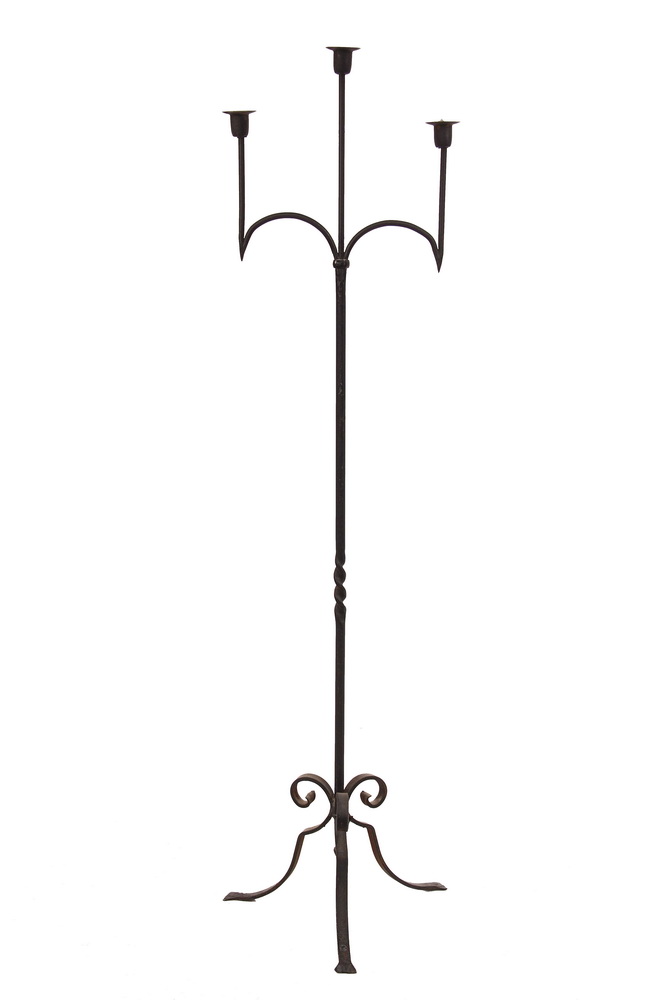 Appraisal: WROUGHT IRON CANDLE TORCHIERE - Three-Stem Stand in American Colonial