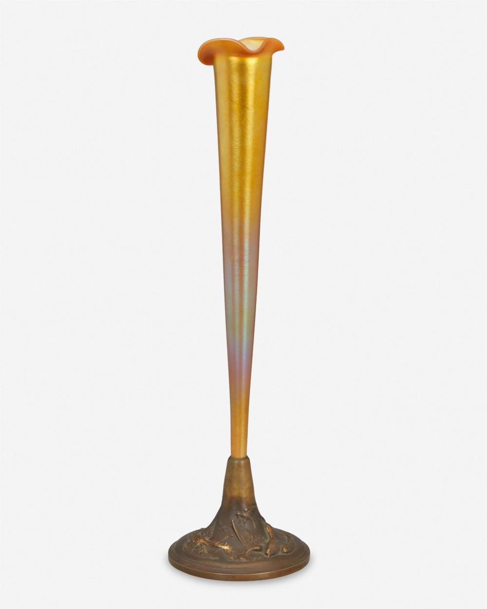 Appraisal: A Griffoul patinated bronze and art glass trumpet vase Bronze