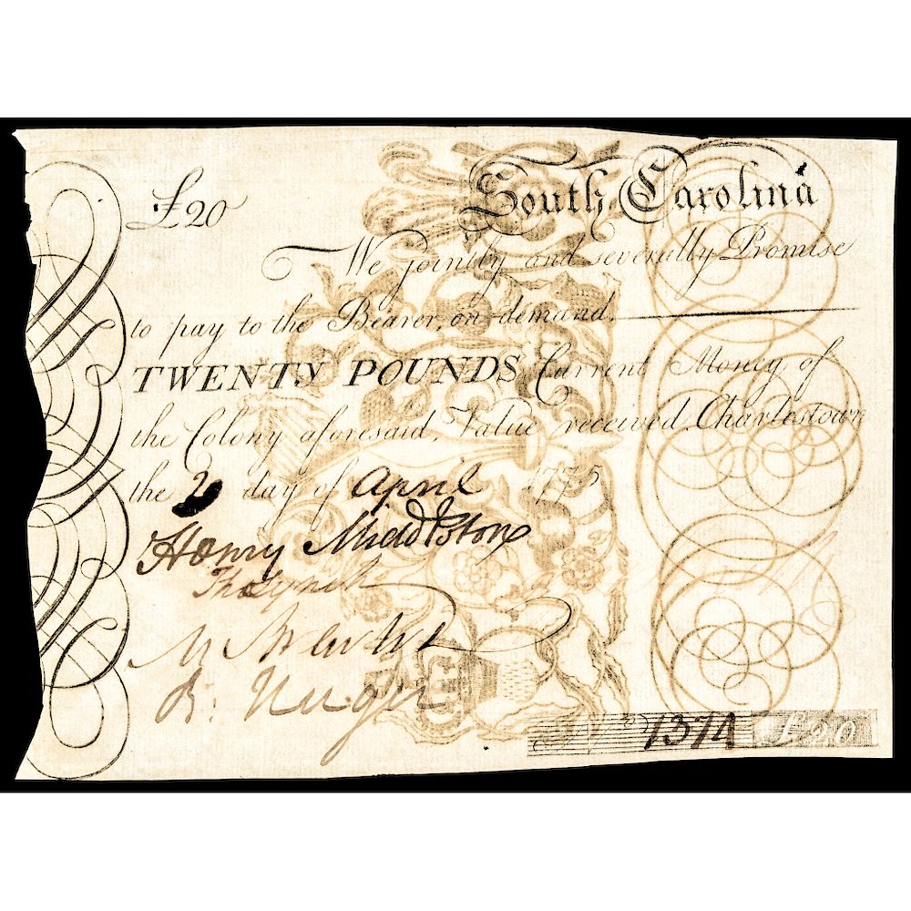 Appraisal: HENRY MIDDLETON Signed Colonial Currency South Carolina April Pound Note