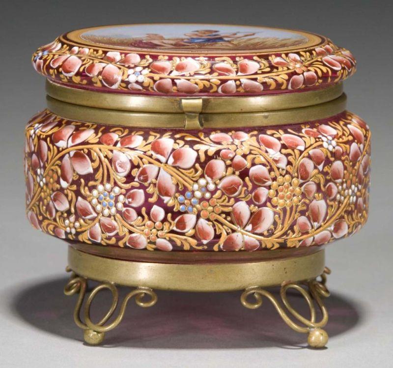 Appraisal: Moser Cranberry Enameled Dresser Box Description Circa On brass mounts