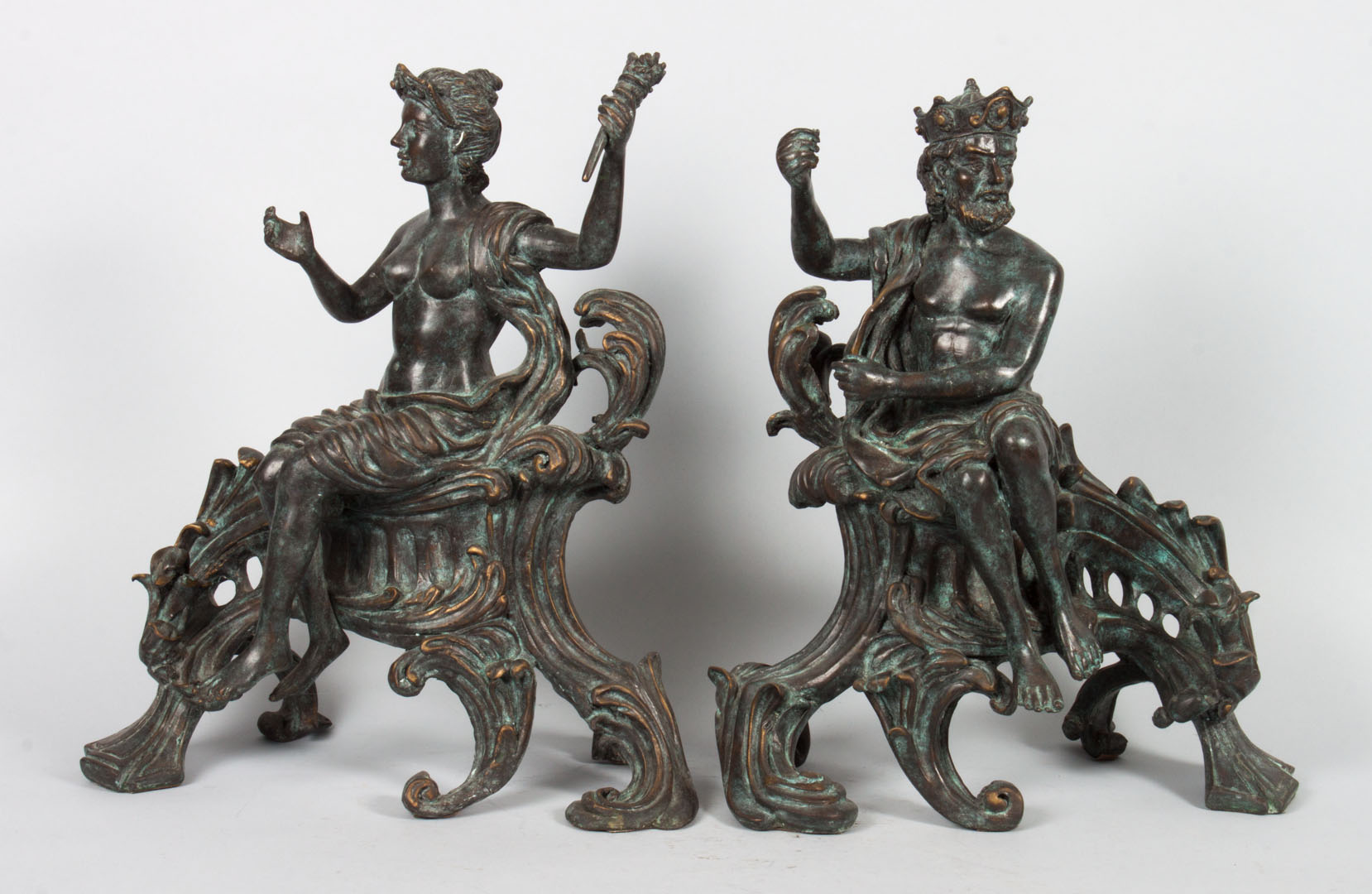 Appraisal: Pair of Maitland Smith bronze figural andirons th century modeled