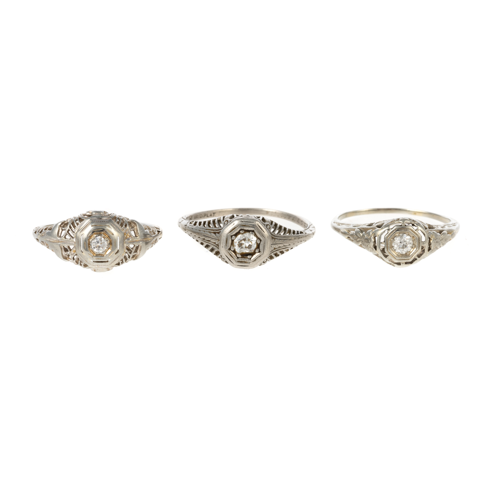 Appraisal: A TRIO OF ART DECO DIAMOND RINGS IN K PLATINUM