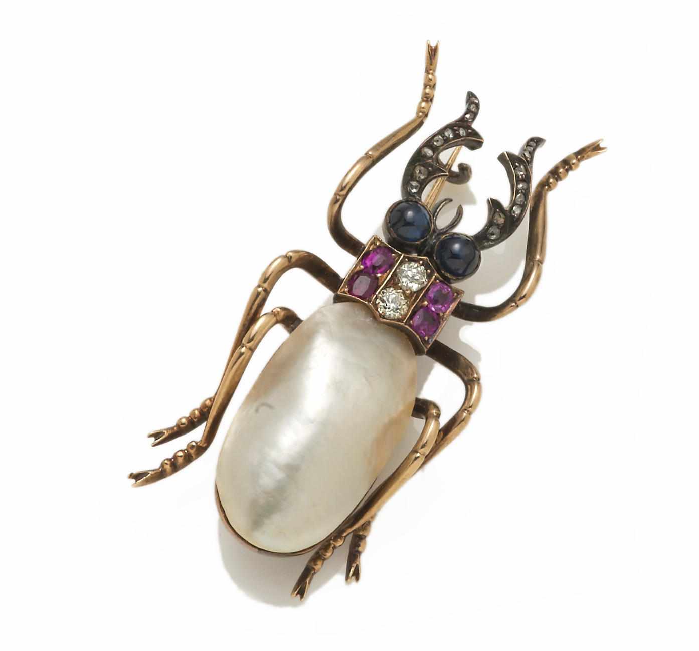 Appraisal: A mother-of-pearl diamond ruby and sapphire beetle brooch Russian partial