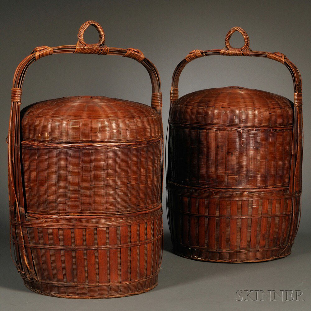 Appraisal: Two Wicker Baskets with Covers China th century cylindrical two-tiered