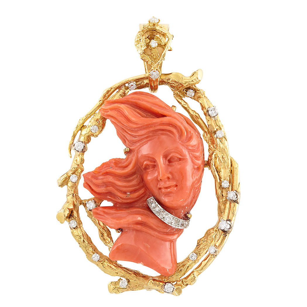 Appraisal: Gold Carved Coral and Diamond Pendant Clip-Brooch One carved coral