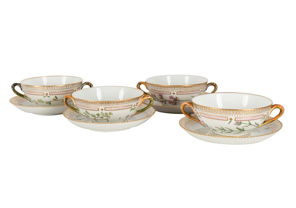 Appraisal: FOUR ROYAL COPENHAGEN FLORA DANICA SOUP CUPS AND SAUCERSblue wave