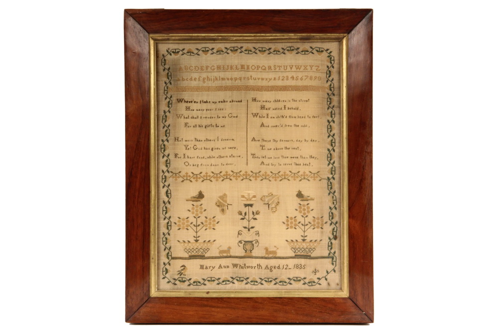 Appraisal: FRAMED SAMPLER - Alphabet and Poetry Sampler in silk on