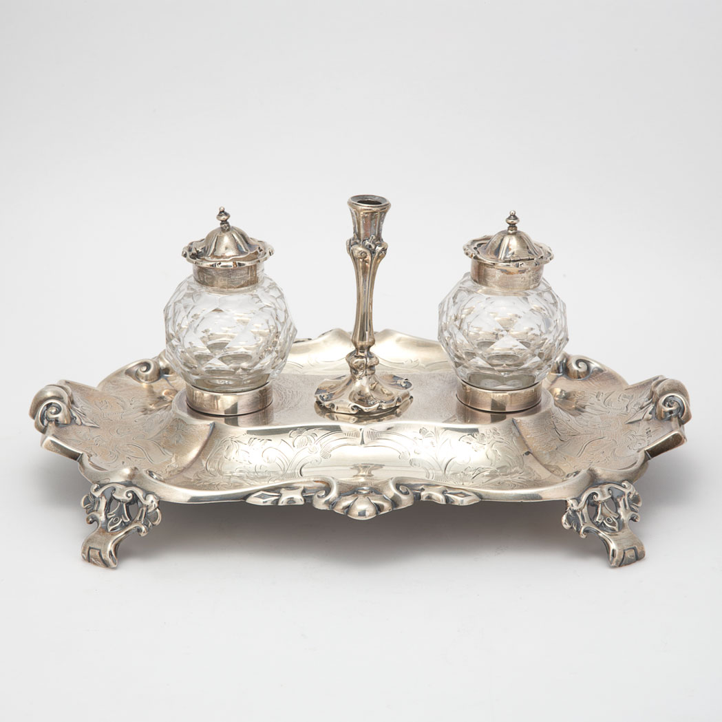 Appraisal: Victorian Silver and Cut Glass Inkstand Thomas Bradbury Sons Sheffield