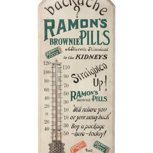 Appraisal: A Wood-Mounted Ramon's Brownie Pills Advertising Thermometer American Early th