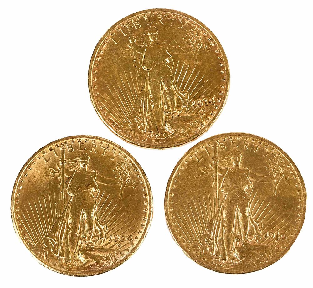 Appraisal: Three St Gaudens Gold Coins fineness -D -D Condition moderate