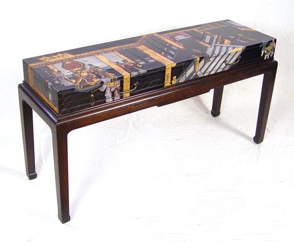 Appraisal: CONTEMPORARY CHINESE TWO DRAWER TABLE ON STAND Long polychrome and