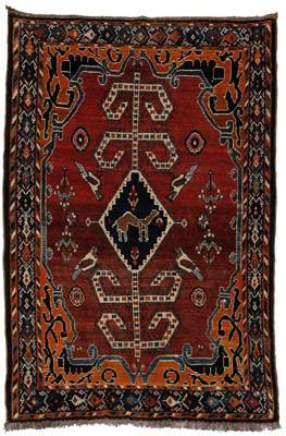 Appraisal: Hand woven Karaghasli Shiraz rug symmetrical birds flanking diamond central