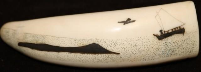 Appraisal: LATE TH OR EARLY TH C SCRIMSHAW WHALE'S TOOTHINLAID WITH