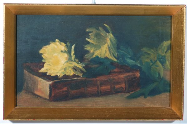 Appraisal: Still life of yellow flowers on leather bound book oil