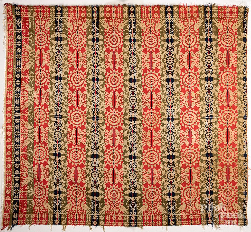 Appraisal: Pennsylvania Jacquard coverlet Pennsylvania Jacquard coverlet inscribed M Hoke in