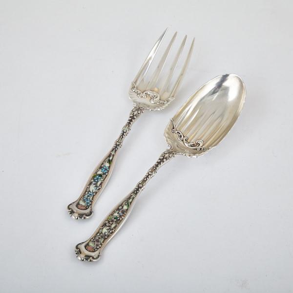 Appraisal: American Enameled Silver Serving Spoon and Fork Whiting Mfg Co