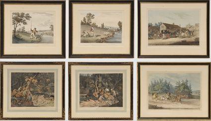 Appraisal: English School th C Six Sporting and Genre Scenes Hand-colored