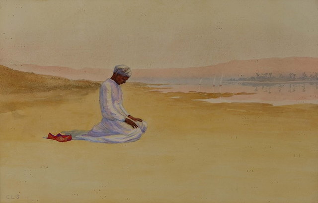 Appraisal: AN ARAB WATERCOLOUR STUDY of a kneeling and praying figure