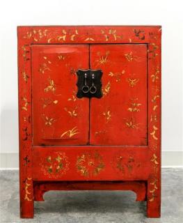 Appraisal: A Chinese Red Lacquered Elmwood Cabinet Height x width x